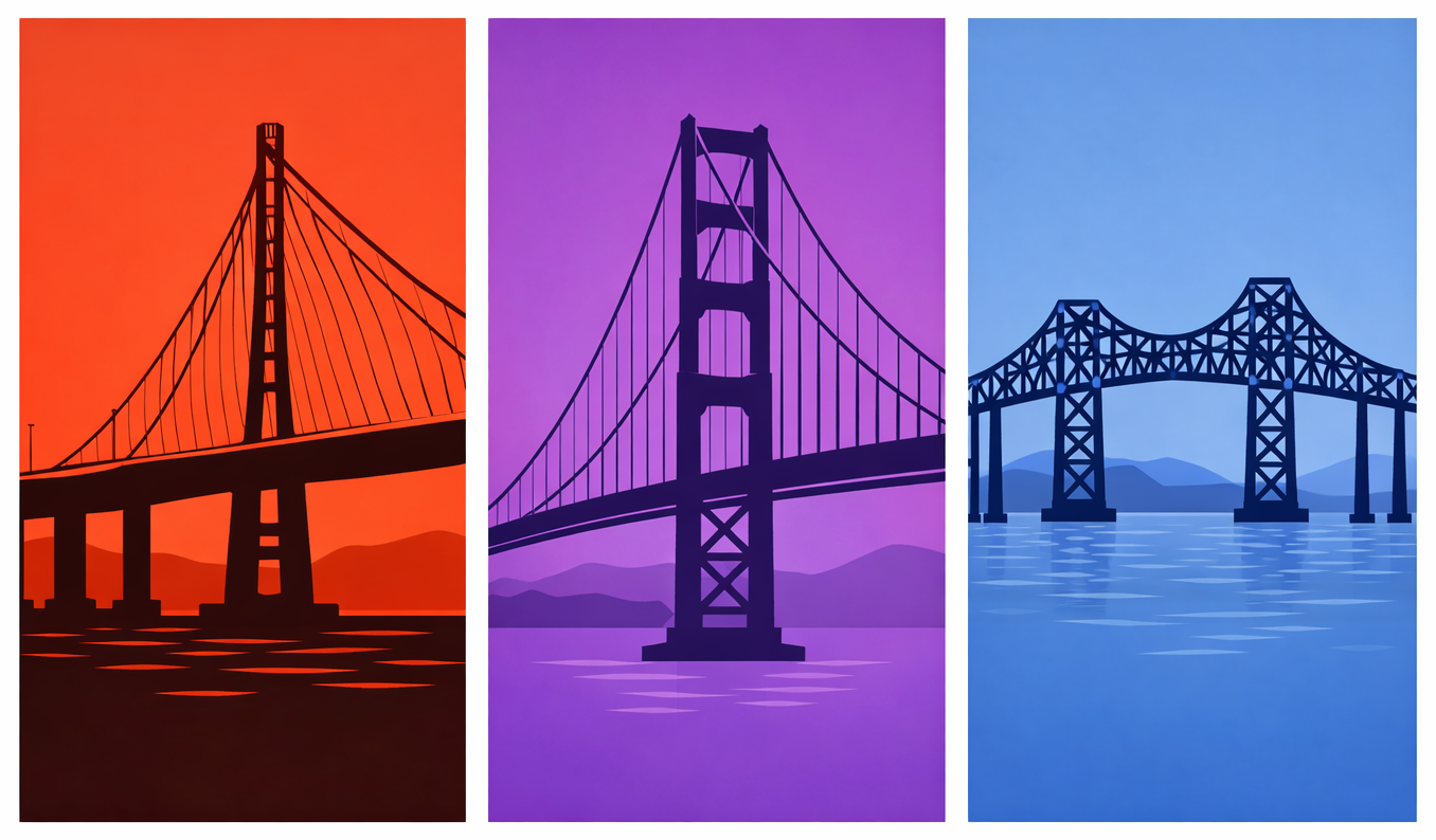 Graphic image of three SF Bay bridges