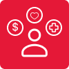 A human icon with floating money, heart and health sign
