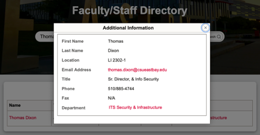 Image showing CSU East Bay staff directory page with a users email address