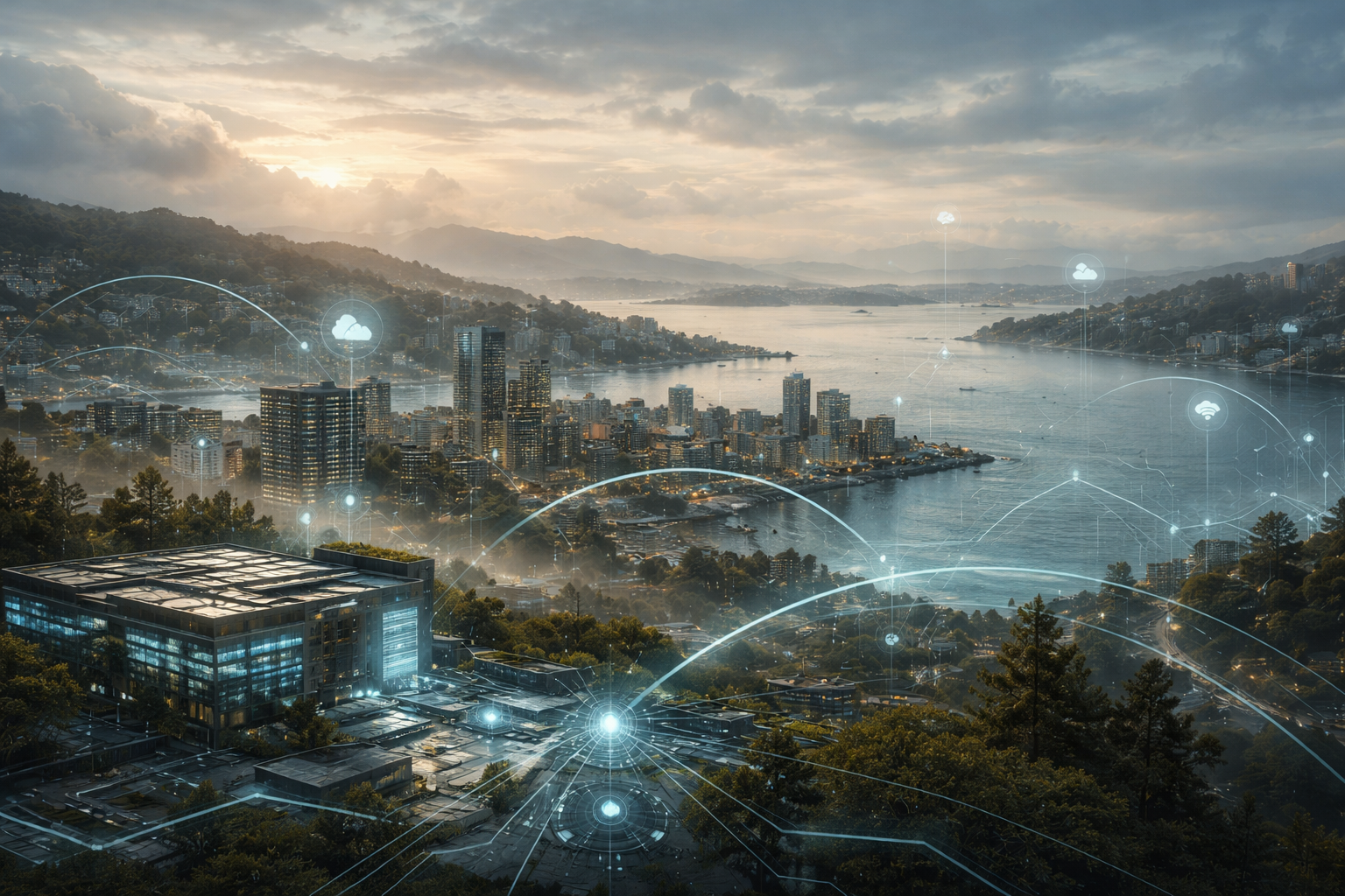 Image of a bayside city with glowing lines of data connecting to other cities