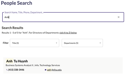 Image of a sample staff directory search result with a staff member name and email address