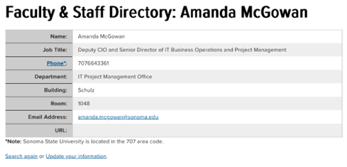 Image of a staff directory search result for sonoma state